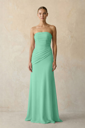 Turquoise Sheath Chiffon Strapless Pleated Bridesmaid Dress in Frost - KISS BRIDAL Bridesmaid Dresses