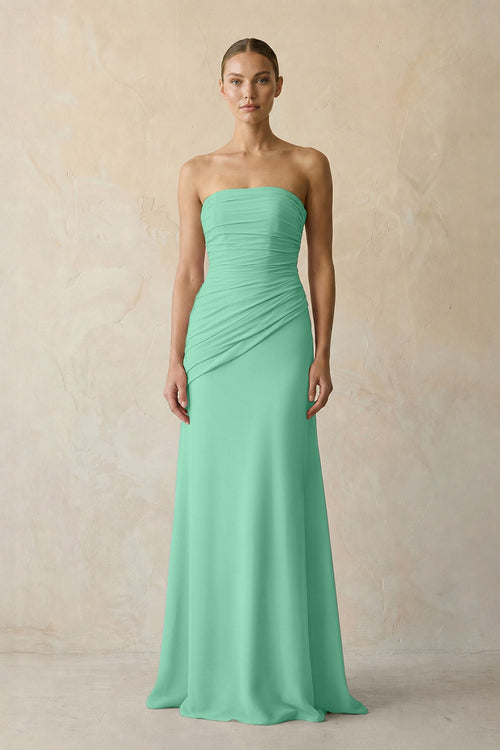 Turquoise Sheath Chiffon Strapless Pleated Bridesmaid Dress in Frost - KISS BRIDAL Bridesmaid Dresses