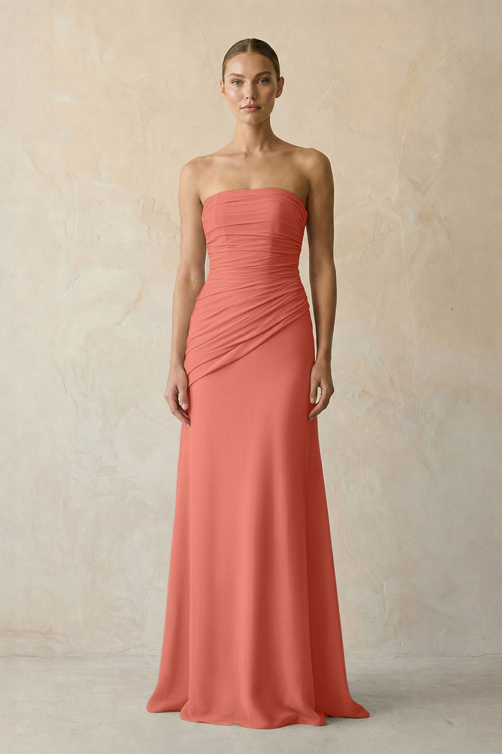 Sheath Chiffon Strapless Pleated Bridesmaid Dress in Wild Rose