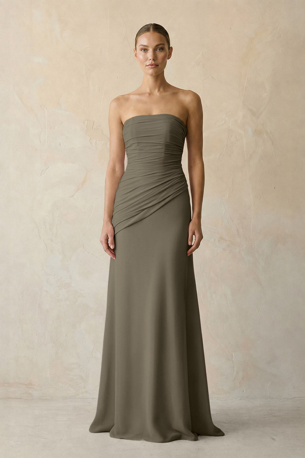 Sheath Chiffon Strapless Pleated Bridesmaid Dress in Willow Green