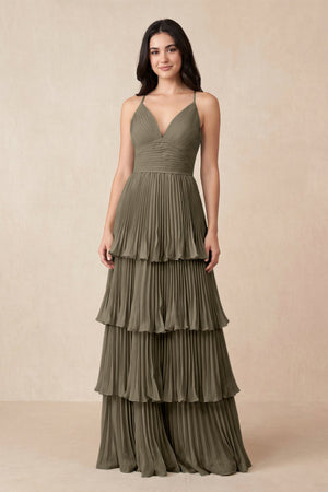 Tiered Pleated V - Neck A - Line Chiffon Bridesmaid Dress in Willow Green - KISS BRIDAL Bridesmaid Dresses