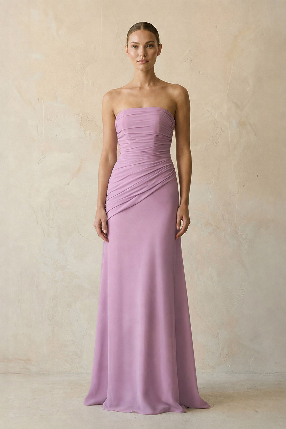 Sheath Chiffon Strapless Pleated Bridesmaid Dress in Wisteria