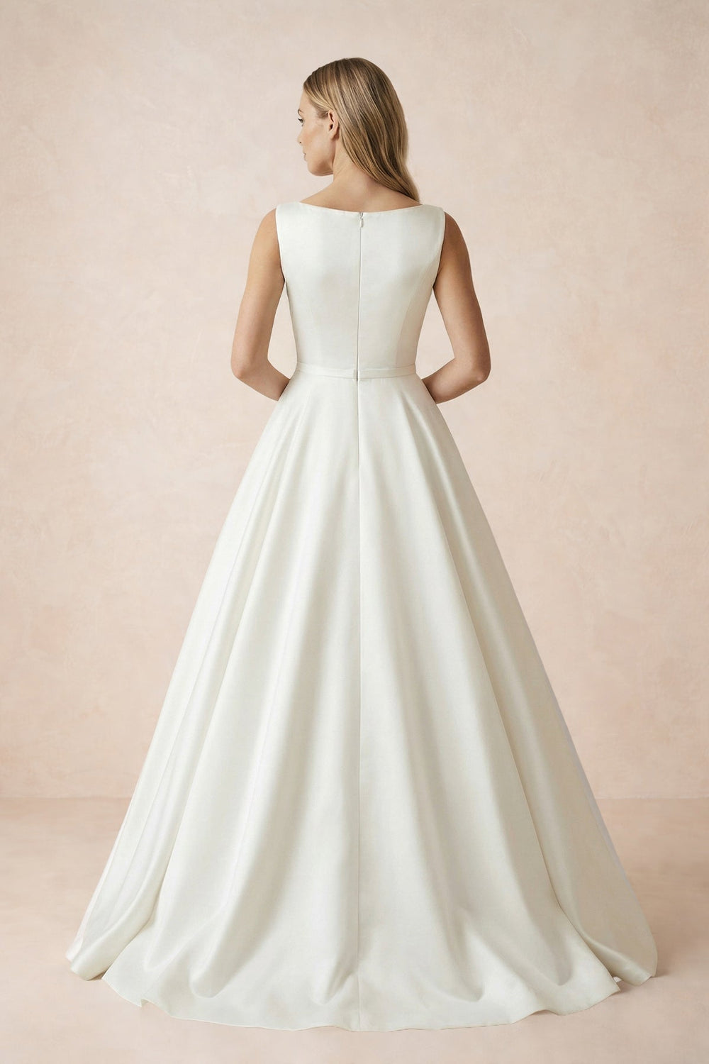 A Line Bateau Neck Satin Wedding Dress in Ivory