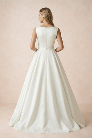 A Line Bateau Neck Satin Wedding Dress in Ivory - KISS BRIDAL Wedding Dresses