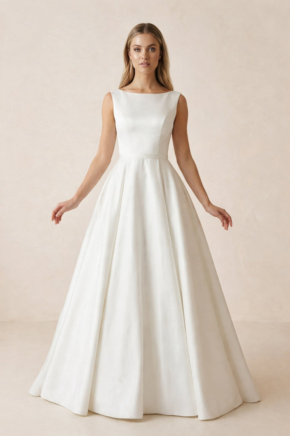A Line Bateau Neck Satin Wedding Dress in Ivory
