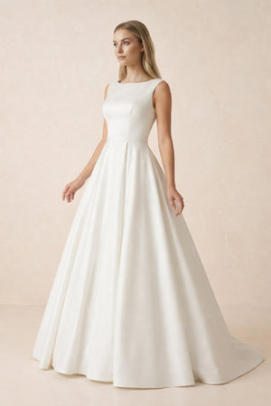 A Line Bateau Neck Satin Wedding Dress in Ivory - KISS BRIDAL Wedding Dresses