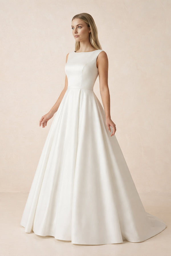A Line Bateau Neck Satin Wedding Dress in Ivory - KISS BRIDAL Wedding Dresses