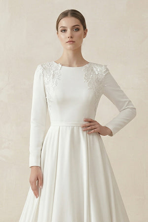 A - Line Boat Neck Satin Long Sleeves Wedding Dress in White - KISS BRIDAL Wedding Dresses