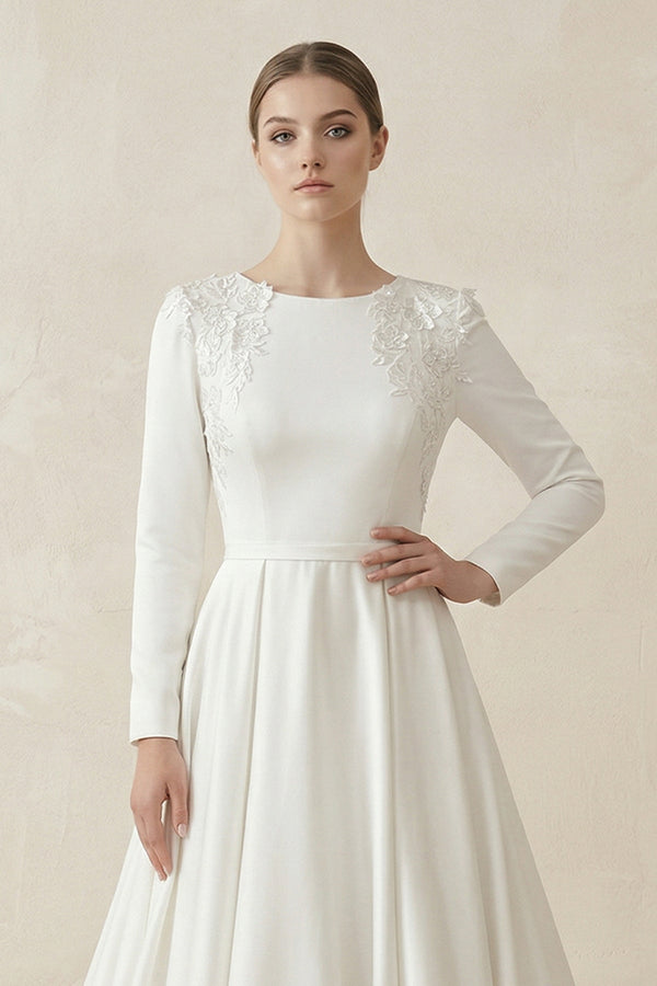 A - Line Boat Neck Satin Long Sleeves Wedding Dress in White - KISS BRIDAL Wedding Dresses