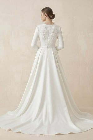 A - Line Boat Neck Satin Long Sleeves Wedding Dress in White - KISS BRIDAL Wedding Dresses