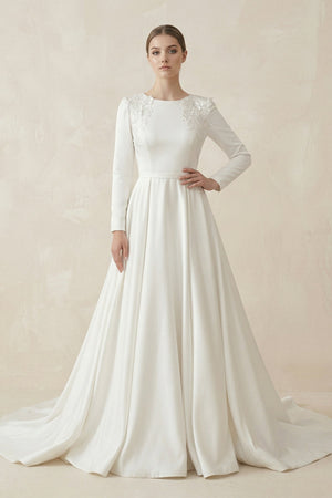 A - Line Boat Neck Satin Long Sleeves Wedding Dress in White - KISS BRIDAL Wedding Dresses