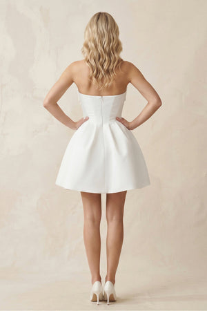 A - Line Bow Strapless Satin MIni Wedding Dress in White - KISS BRIDAL Wedding Dresses