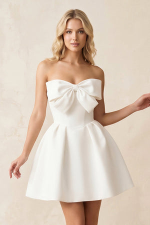 A - Line Bow Strapless Satin MIni Wedding Dress in White - KISS BRIDAL Wedding Dresses