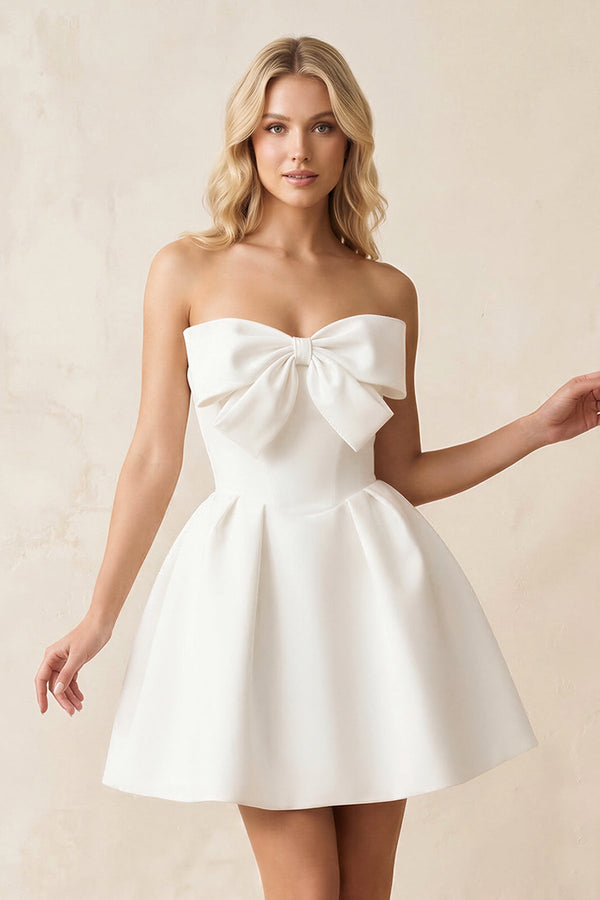 A - Line Bow Strapless Satin MIni Wedding Dress in White - KISS BRIDAL Wedding Dresses