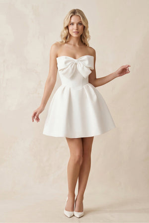 A - Line Bow Strapless Satin MIni Wedding Dress in White - KISS BRIDAL Wedding Dresses