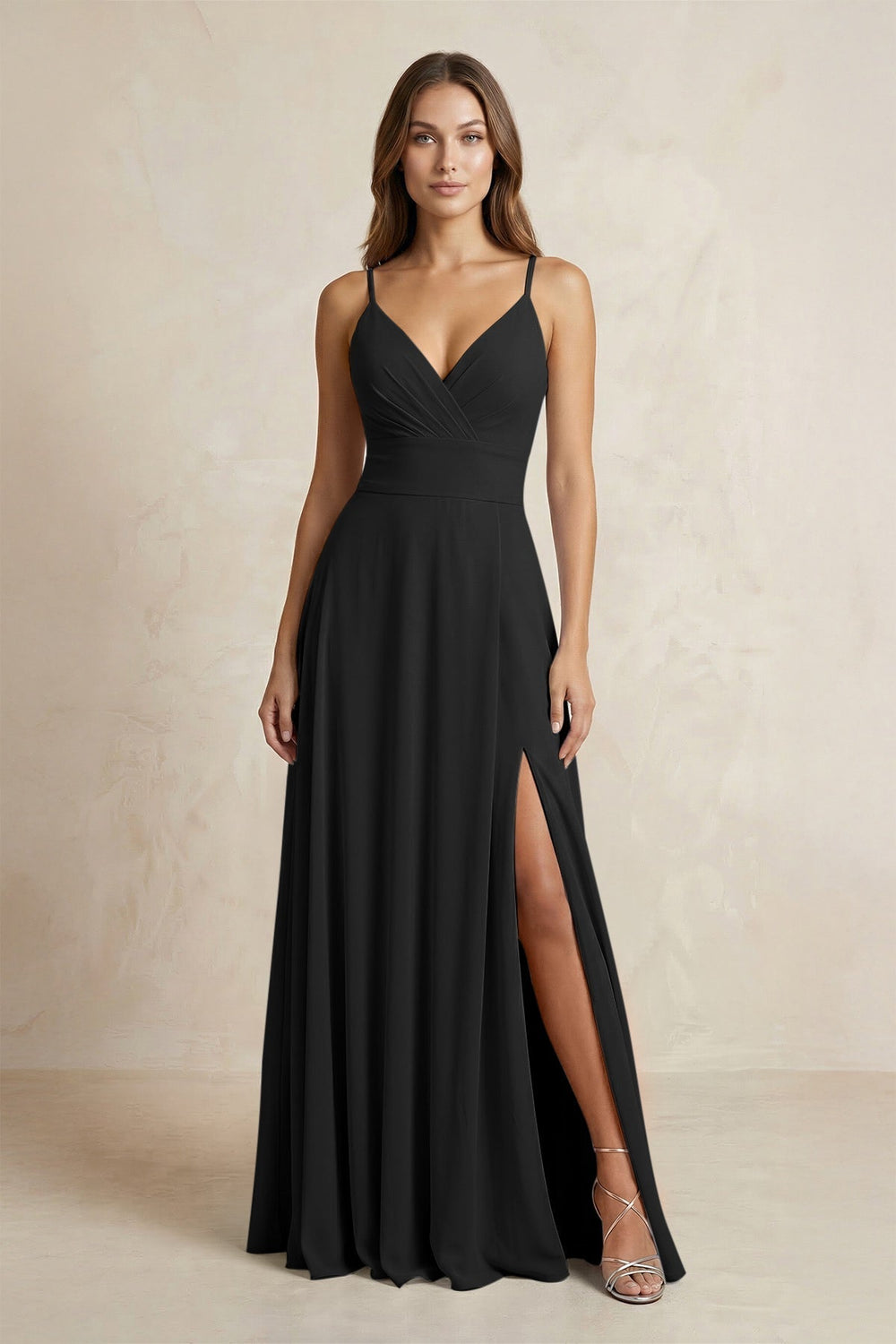 A-Line Cami Strap Chiffon Bridesmaid Dress With Slit in Black
