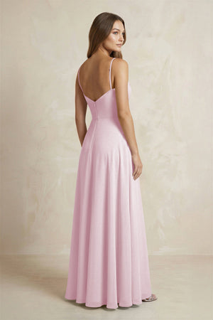 A-Line Cami Strap Chiffon Bridesmaid Dress With Slit in Candy Pink (2) | KISSBRIDAL