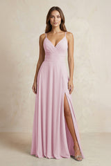 A-Line Cami Strap Chiffon Bridesmaid Dress With Slit in Candy Pink | KISSBRIDAL