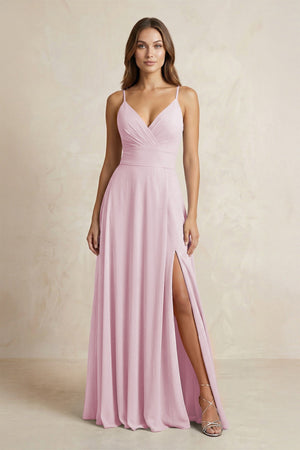 A-Line Cami Strap Chiffon Bridesmaid Dress With Slit in Candy Pink | KISSBRIDAL