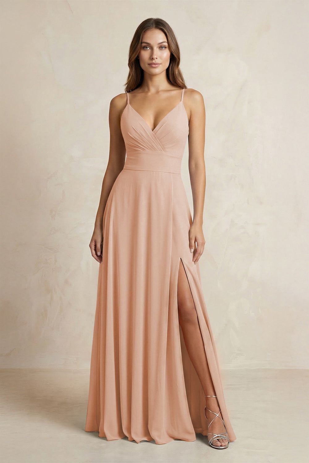 A-Line Cami Strap Chiffon Bridesmaid Dress With Slit in Champagne Rose