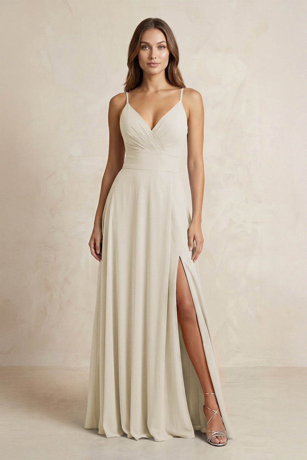 A-Line Cami Strap Chiffon Bridesmaid Dress With Slit in Dove Gray