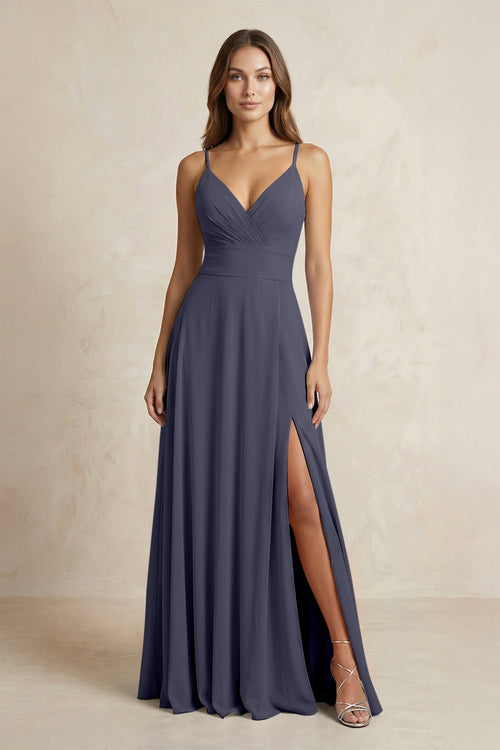 A - Line Cami Strap Chiffon Bridesmaid Dress With Slit in Dusk Blue - KISS BRIDAL Bridesmaid Dresses