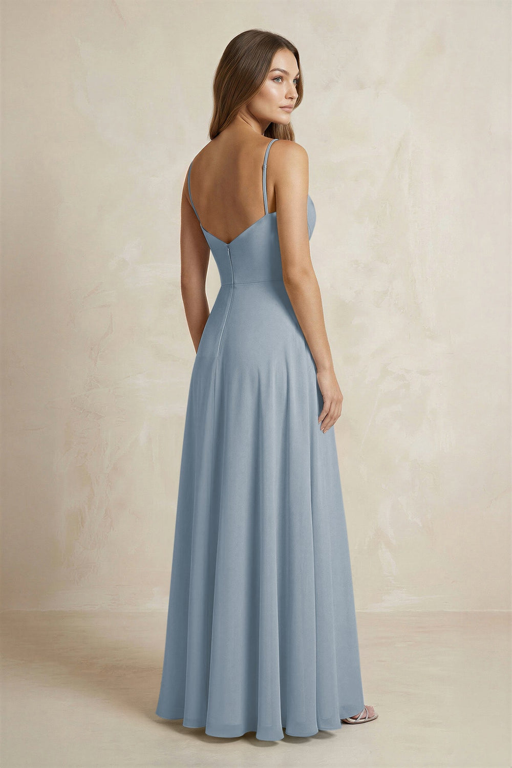 A-Line Cami Strap Chiffon Bridesmaid Dress With Slit in Dusty Blue