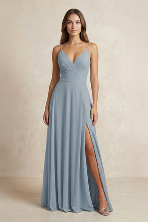 A-Line Cami Strap Chiffon Bridesmaid Dress With Slit in Dusty Blue | KISSBRIDAL