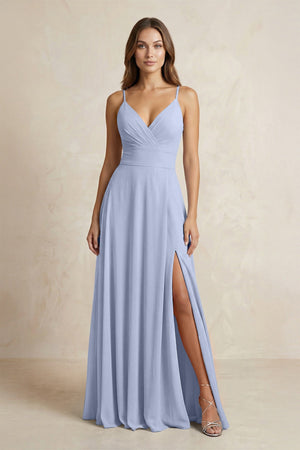 A-Line Cami Strap Chiffon Bridesmaid Dress With Slit in Ice | KISSBRIDAL