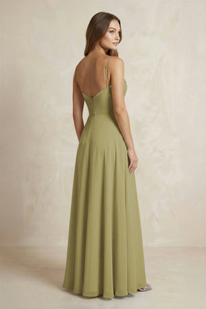 A-Line Cami Strap Chiffon Bridesmaid Dress With Slit in Moss Green (2) | KISSBRIDAL