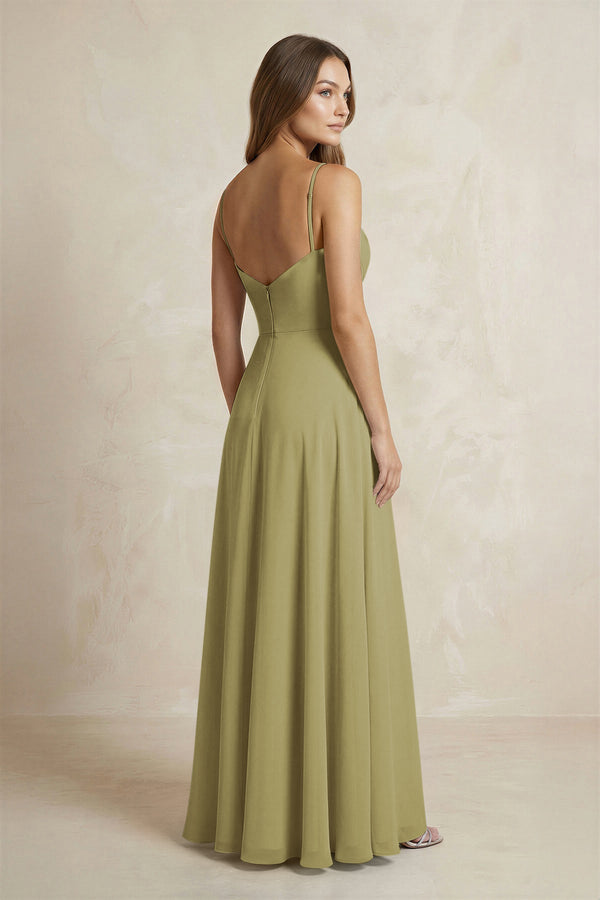 A-Line Cami Strap Chiffon Bridesmaid Dress With Slit in Moss Green (2) | KISSBRIDAL