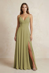 A-Line Cami Strap Chiffon Bridesmaid Dress With Slit in Moss Green | KISSBRIDAL