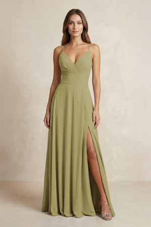 A-Line Cami Strap Chiffon Bridesmaid Dress With Slit in Moss Green | KISSBRIDAL