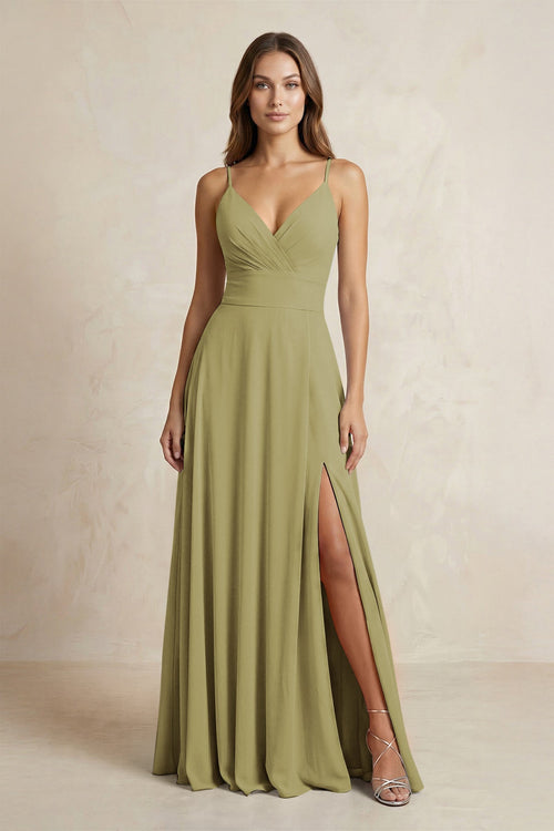 A-Line Cami Strap Chiffon Bridesmaid Dress With Slit in Moss Green | KISSBRIDAL