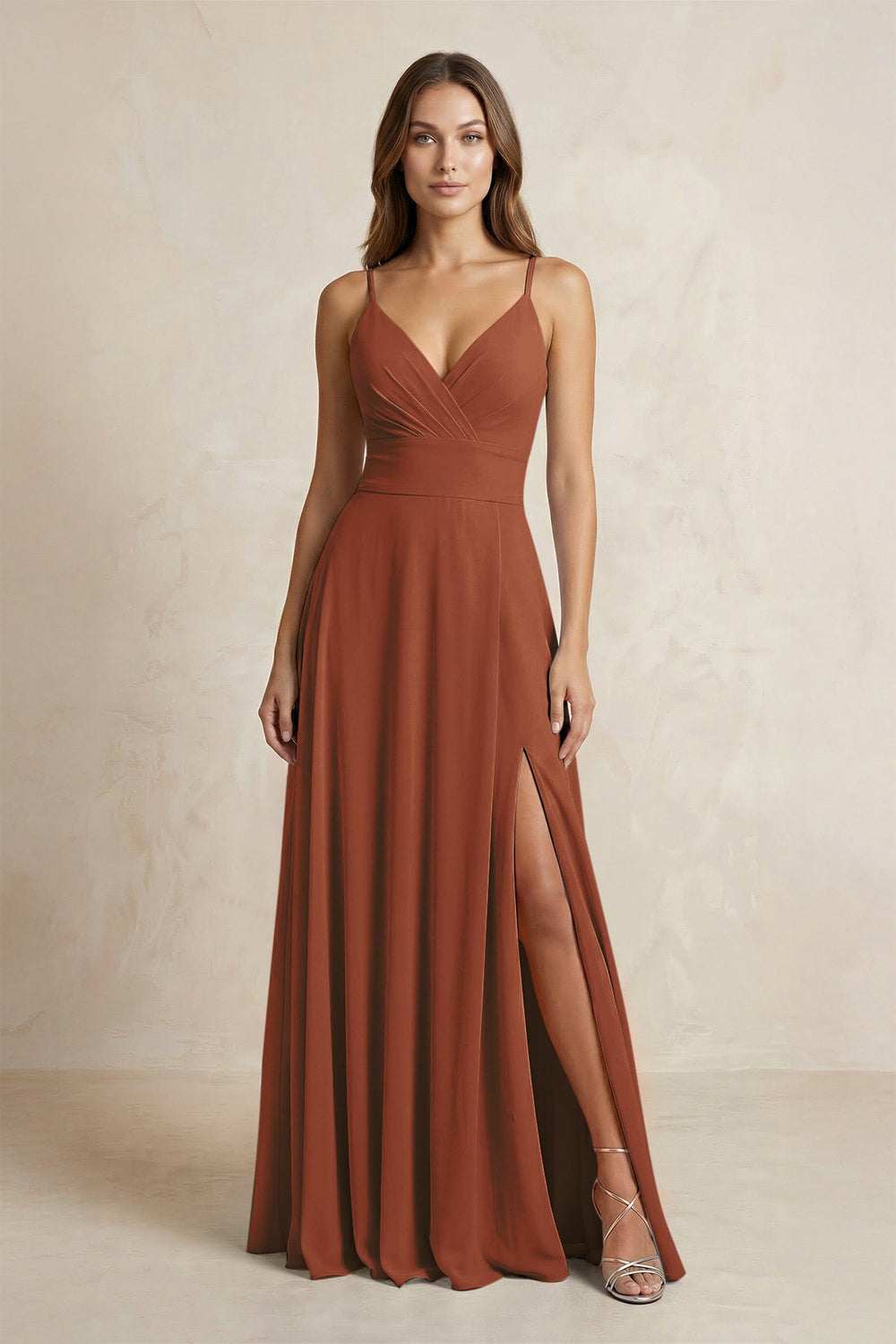 A-Line Cami Strap Chiffon Bridesmaid Dress With Slit in Terracotta