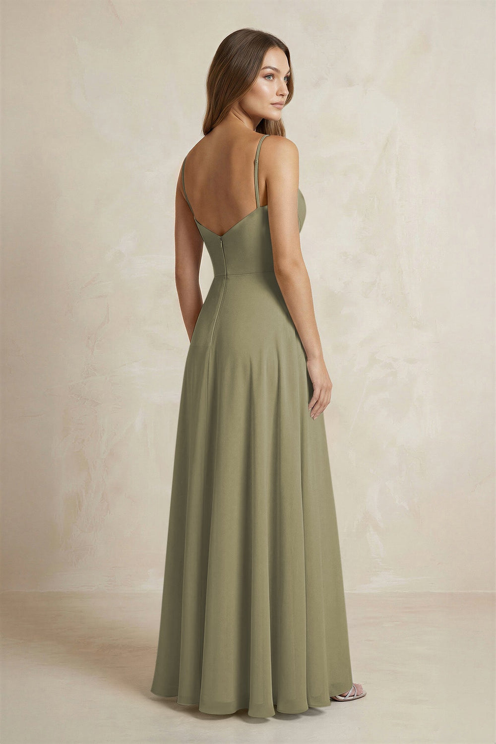 A-Line Cami Strap Chiffon Bridesmaid Dress With Slit in Thyme