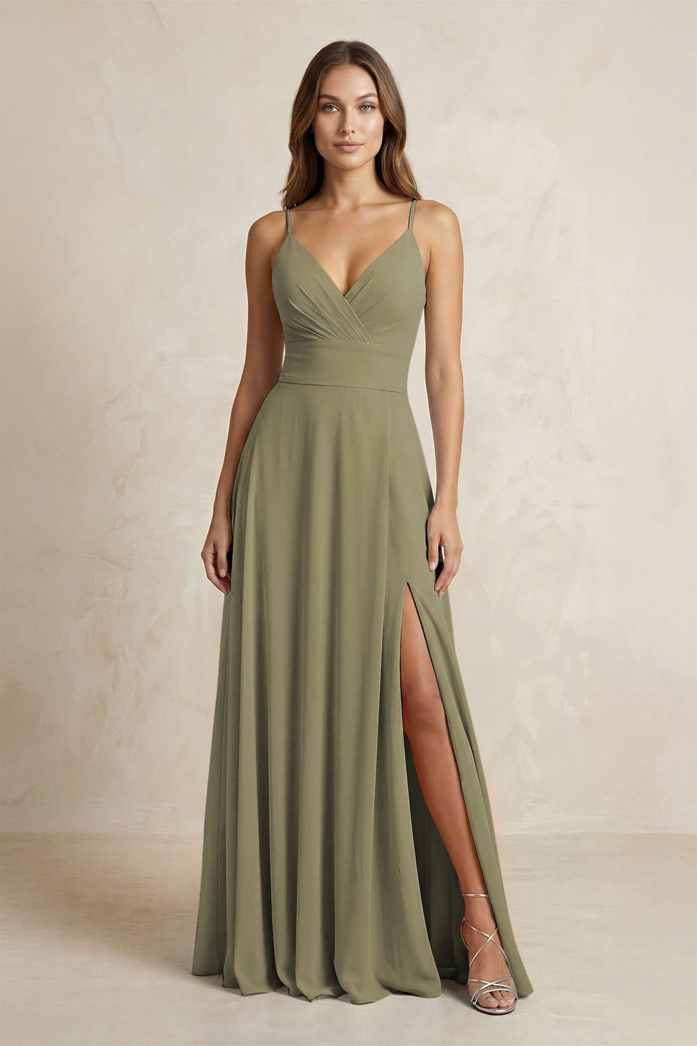 A-Line Cami Strap Chiffon Bridesmaid Dress With Slit in Thyme