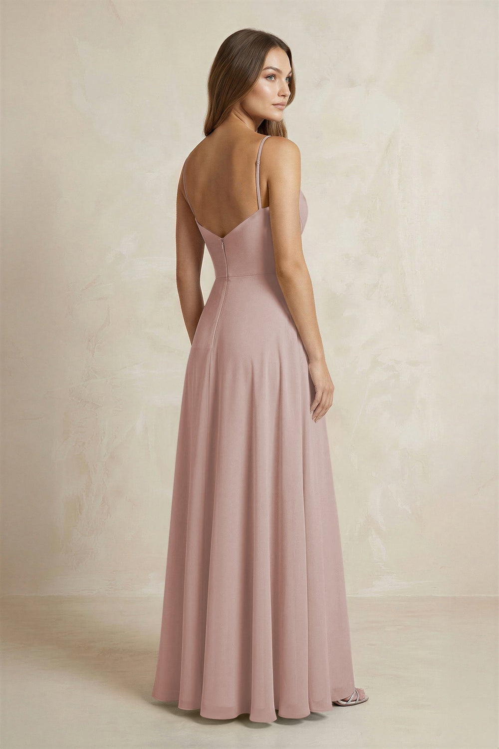 A-Line Cami Strap Chiffon Bridesmaid Dress With Slit in Toffee