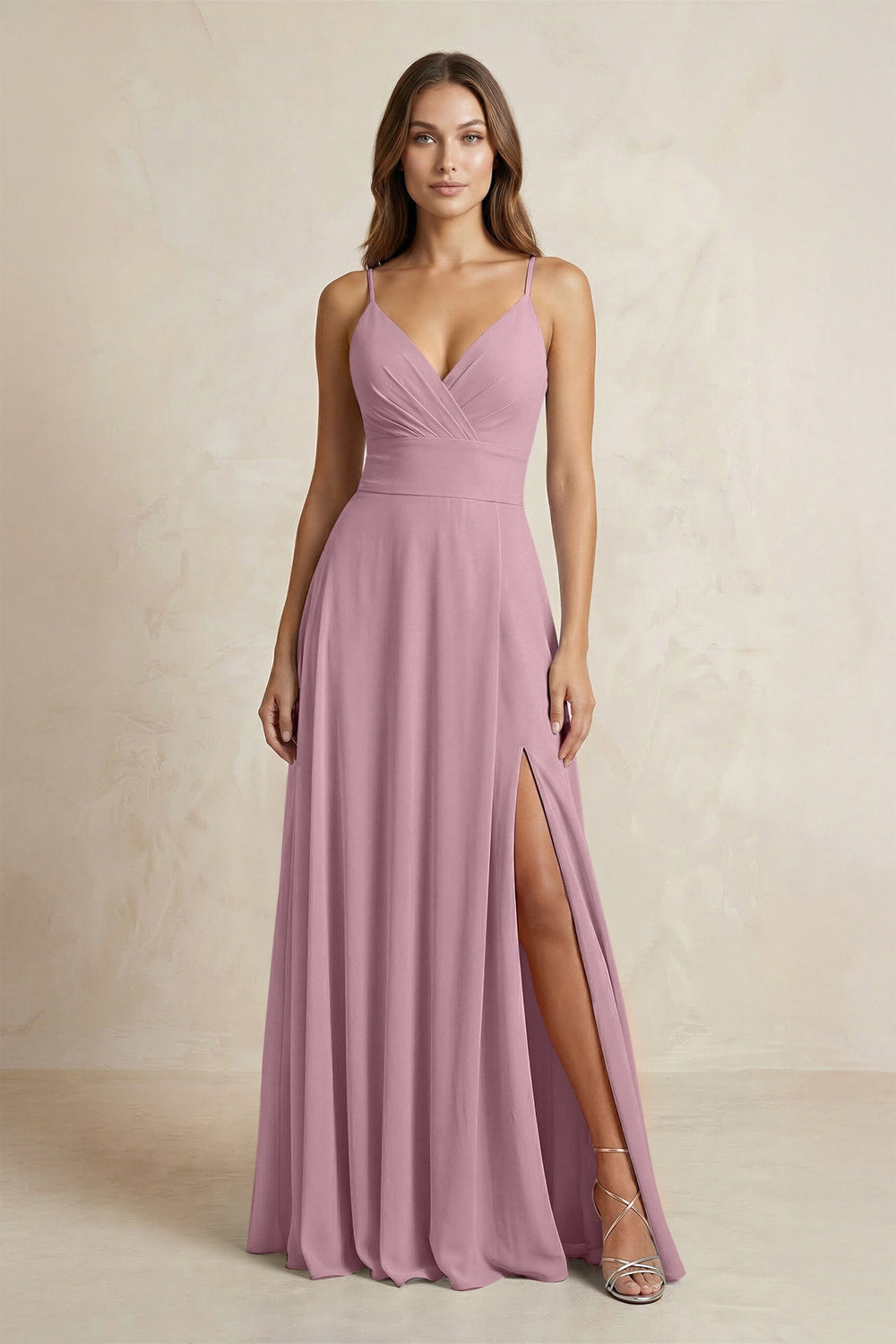 A-Line Cami Strap Chiffon Bridesmaid Dress With Slit in Vintage Mauve