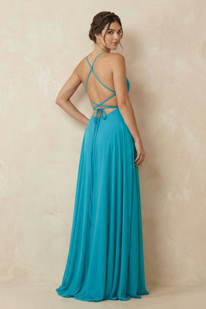A-Line Chiffon Bridesmaid Dress in Dark Teal With Slit - KISS BRIDAL BRIDESMAID DRESSES