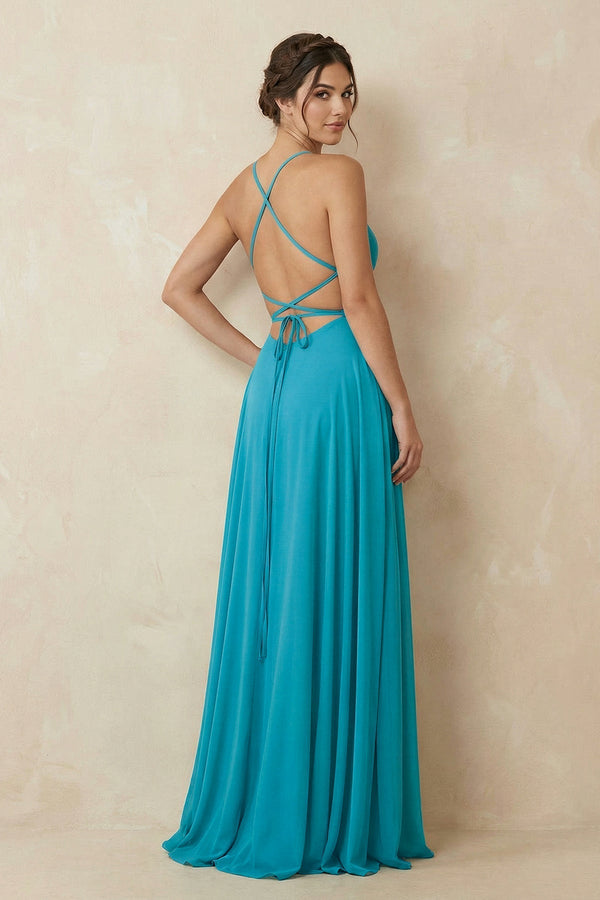 A-Line Chiffon Bridesmaid Dress in Dark Teal With Slit - KISS BRIDAL BRIDESMAID DRESSES