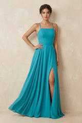 A-Line Chiffon Bridesmaid Dress in Dark Teal With Slit - KISS BRIDAL BRIDESMAID DRESSES