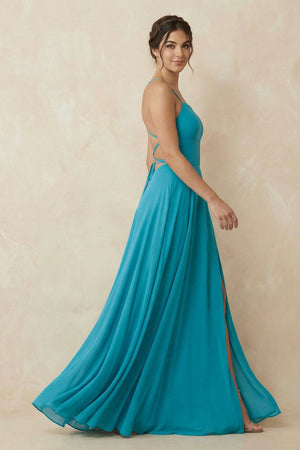 A-Line Chiffon Bridesmaid Dress in Dark Teal With Slit - KISS BRIDAL BRIDESMAID DRESSES