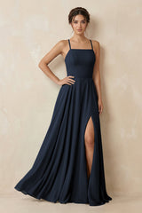 A - Line Chiffon Bridesmaid Dress With Slit in Dark Navy - KISS BRIDAL Bridesmaid Dresses