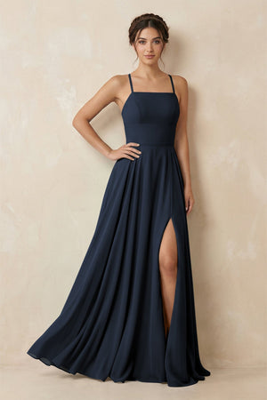 A - Line Chiffon Bridesmaid Dress With Slit in Dark Navy - KISS BRIDAL Bridesmaid Dresses