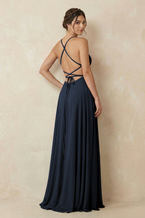 A - Line Chiffon Bridesmaid Dress With Slit in Dark Navy - KISS BRIDAL Bridesmaid Dresses