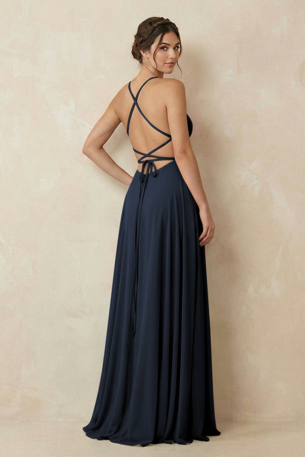 A - Line Chiffon Bridesmaid Dress With Slit in Dark Navy - KISS BRIDAL Bridesmaid Dresses
