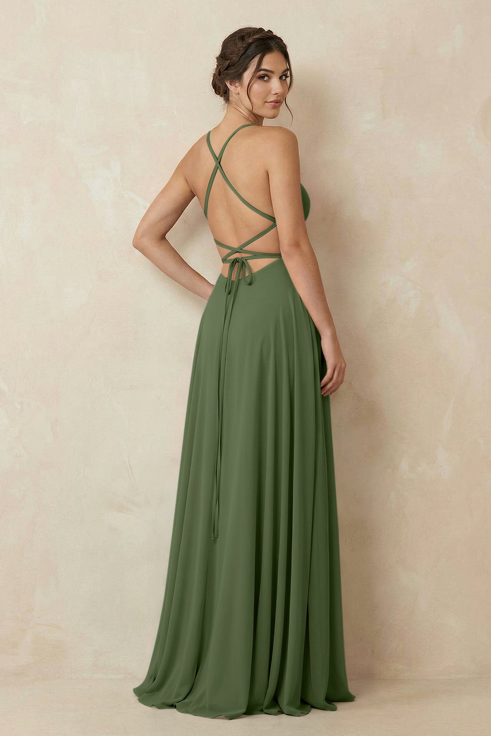 A-Line Chiffon Bridesmaid Dress With Slit in Moss