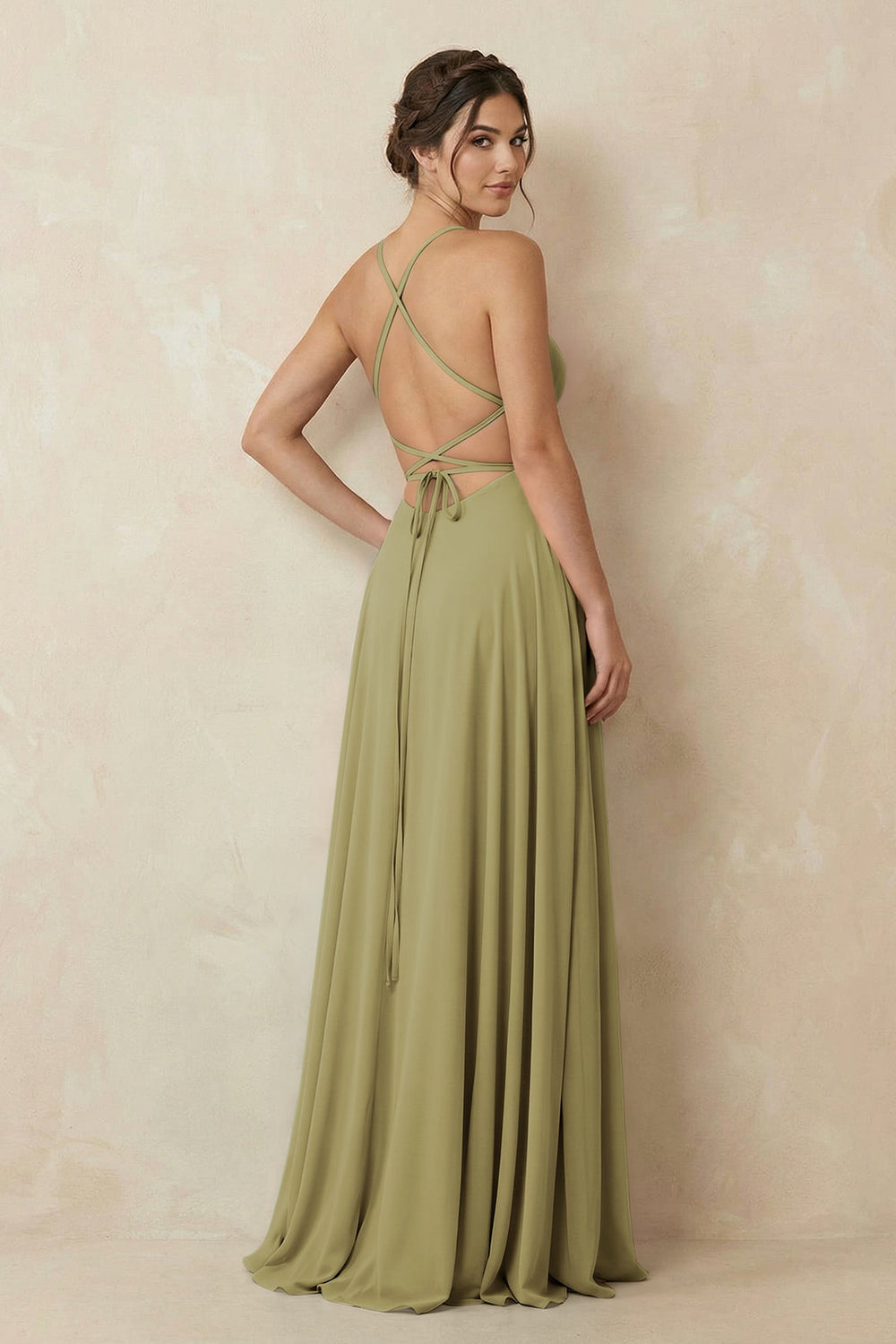 A-Line Chiffon Bridesmaid Dress With Slit in Moss Green