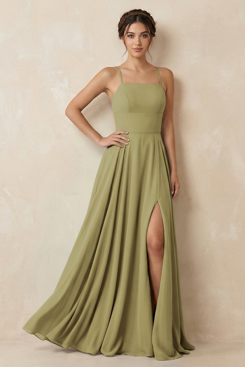 A-Line Chiffon Bridesmaid Dress With Slit in Moss Green